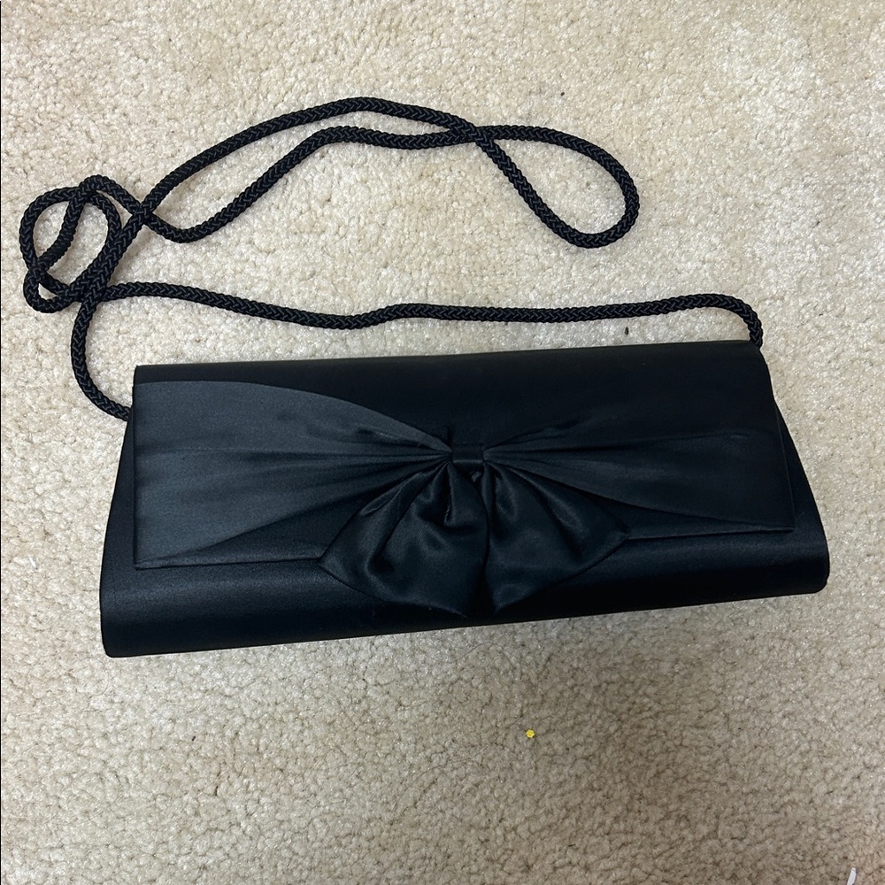 La Regale Black Satin Clutch with Bow Detail